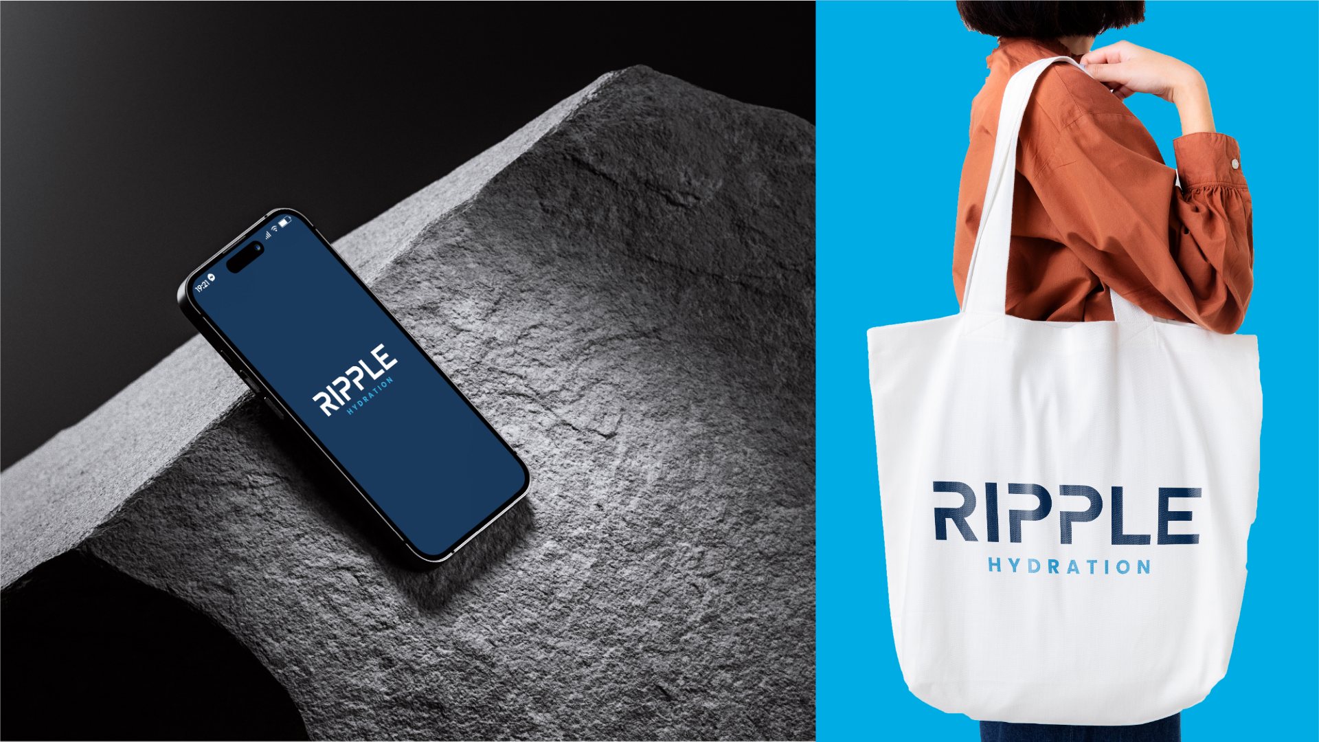Phone on a rock and a tote bag with the wordmark