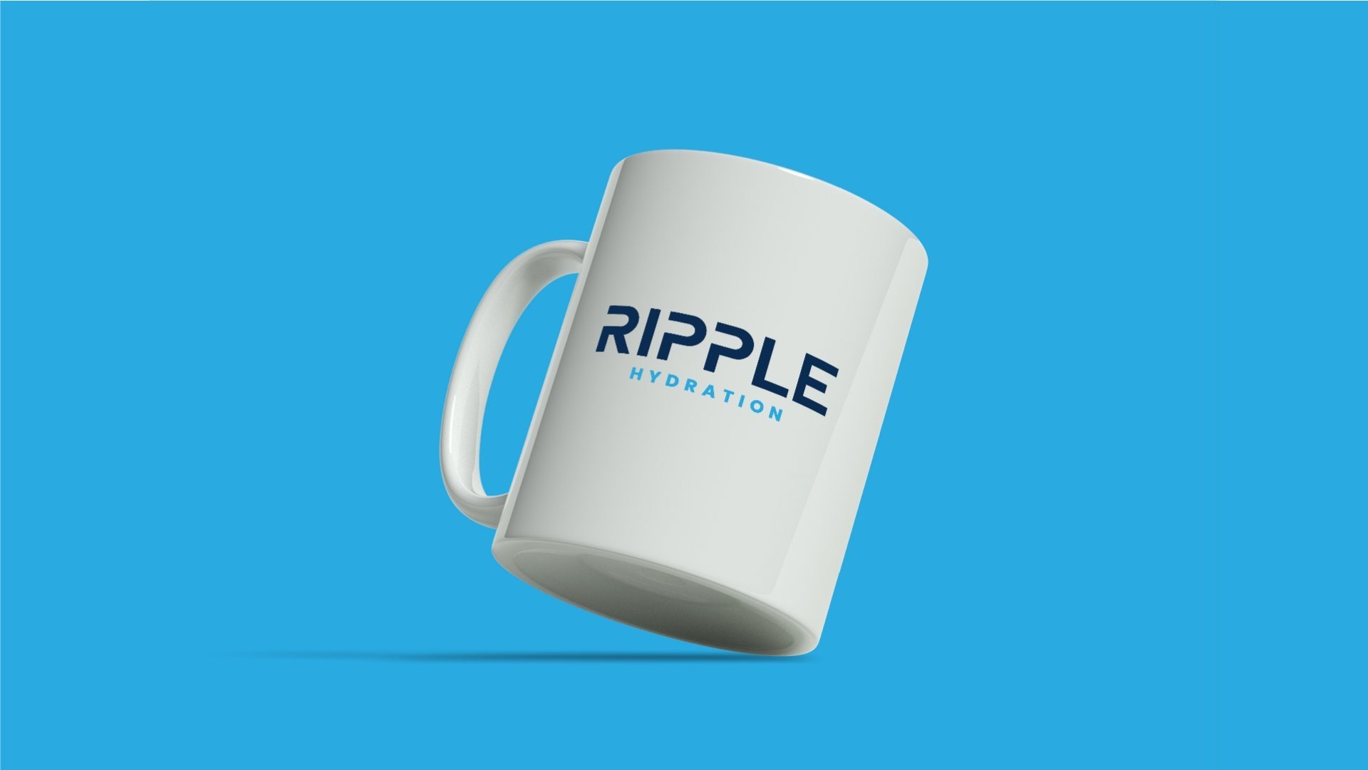White mug with the wordmark on blue