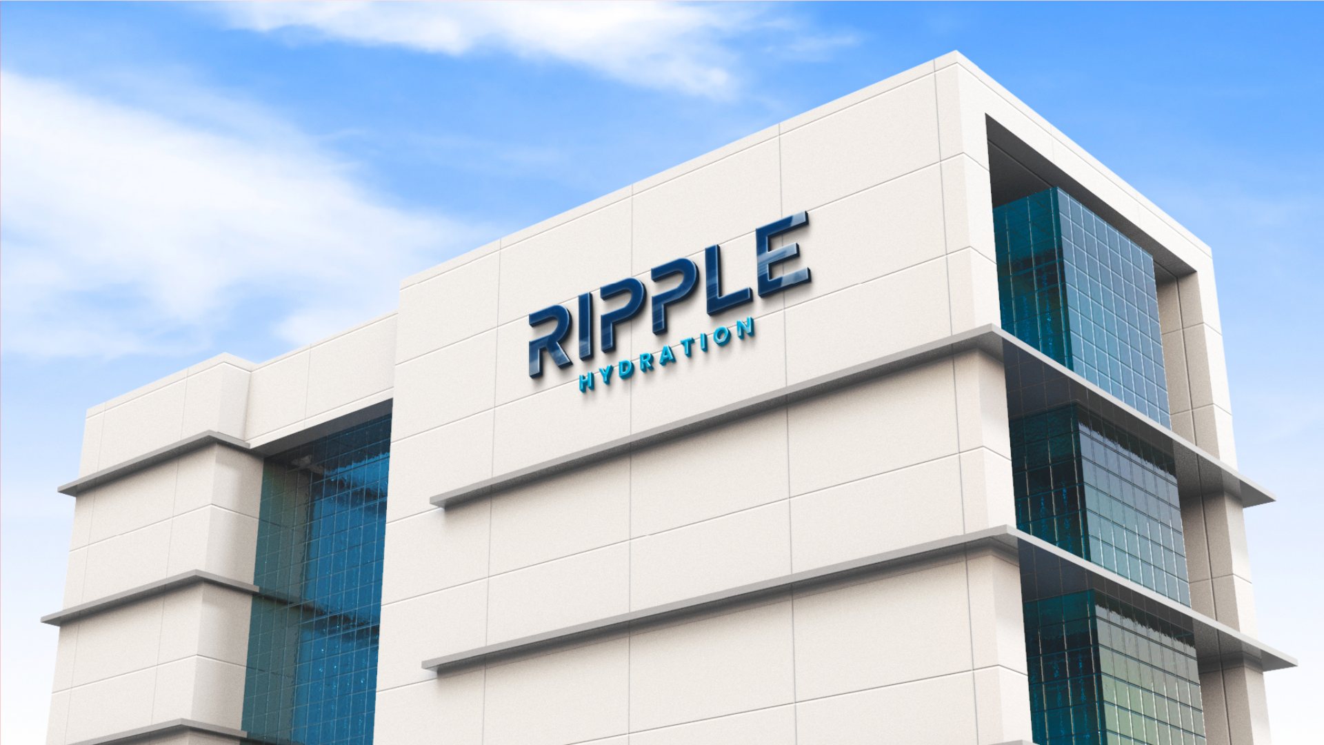 The Ripple wordmark on the side of an office building under a blue sky