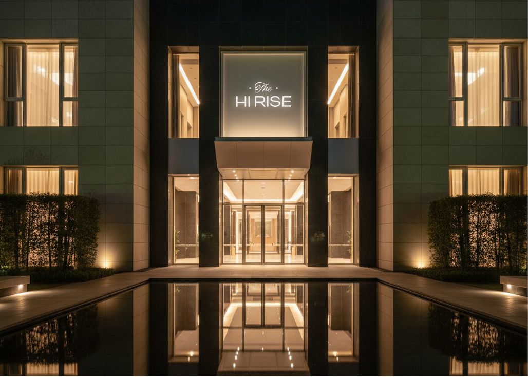 The Hi Rise entrance at night, lit from inside and mirrored in a still pool